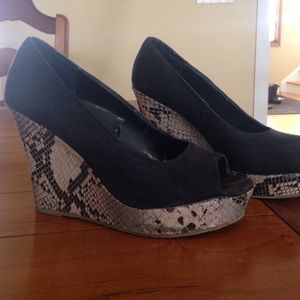 Express snake skin and suede wedges