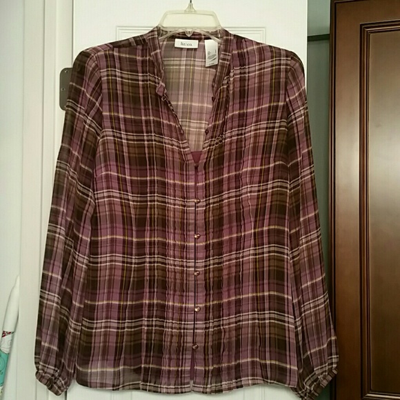 Liz & Co blouse with built-in cami, purple plaid