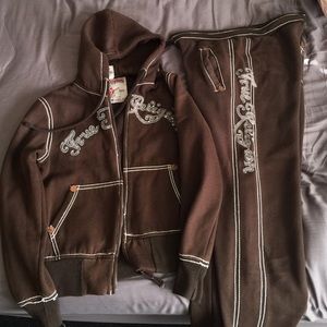 Brown True Religion warm jacket and pant set.