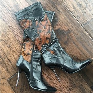 Black and Brown knee high stiletto boots. Size 7