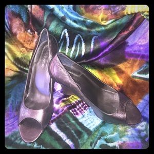 Silver metallic peep toe wedge