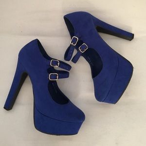 Blue suede Mary Jane platform heels