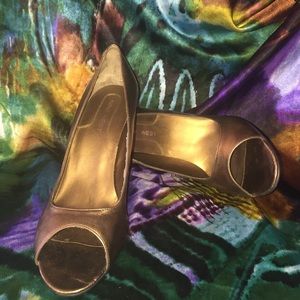 Bronze metallic colored open toe wedge