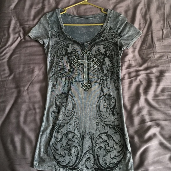 Grey and black t shirt with opal rhinestones