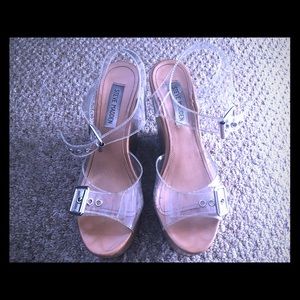 Steven Madden wooden heel plastic strapped shoes
