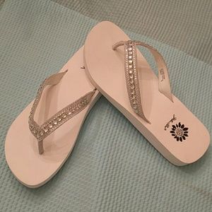 Yellow box white jeweled flip flops