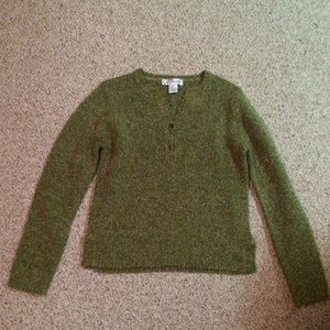Fuzzy green sweater with half button up.