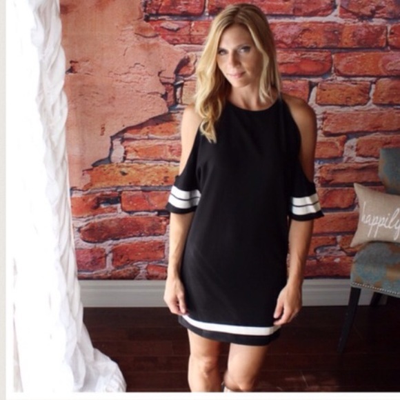 Black and white striped open shoulder dress