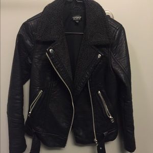 Topshop Faux Leather Jacket with Shearling