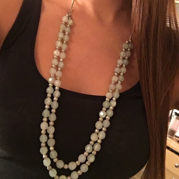 Light seafoam green, layered necklace,silver chain