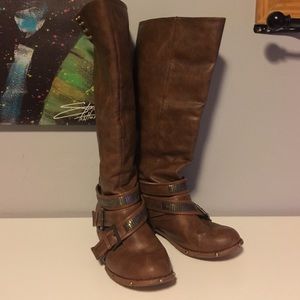 Not Rated tan & bronze embellished knee high boots
