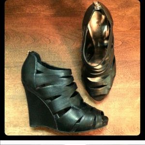 BCBG peep toe wedges