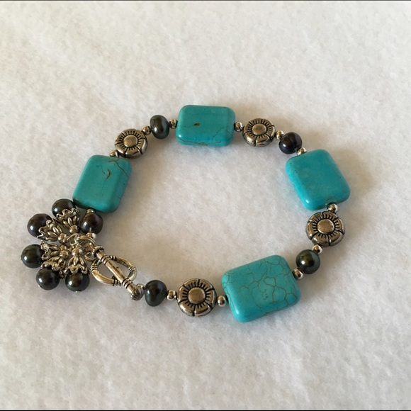 💐 Black Pearl & Turquoise Stone Silver Bracelet - Picture 2 of 4