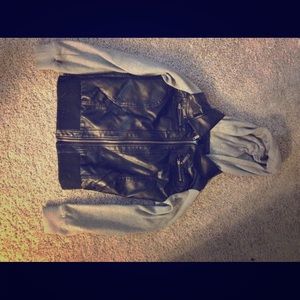Leather jacket with hood and grey sleeves