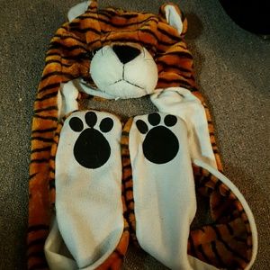 Tiger hat with attached mittens