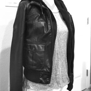 Obey black leather jacket with hoodie built in.