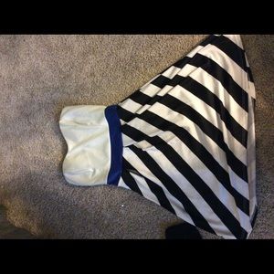 White and blue dress with black stripes