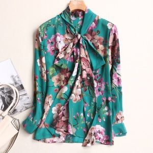 NWOT Silk Blossom Blouse with Bow Tie | G Inspired