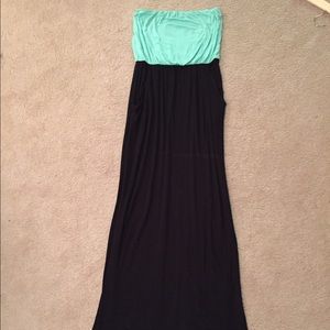 Blue and black strapless maxi dress