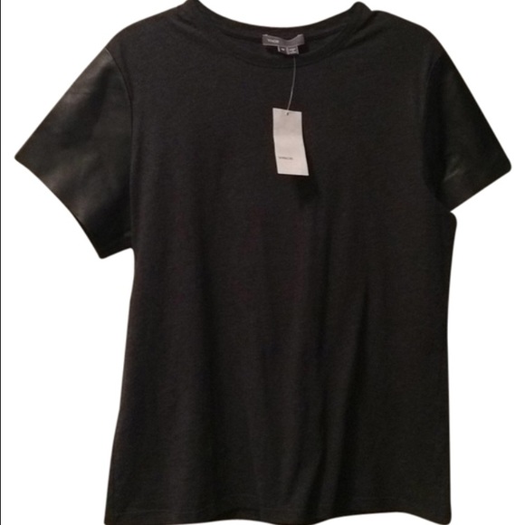 NWT Vince Gray Tee with Lambskin Leather Sleeves