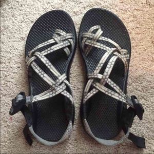 Grey and white chacos