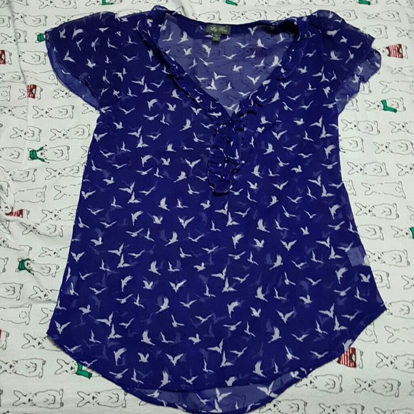 Lily Rose Sheer Blue Bird Pattern Blouse XS