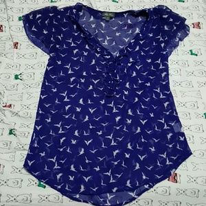Lily Rose Sheer Blue Bird Pattern Blouse XS