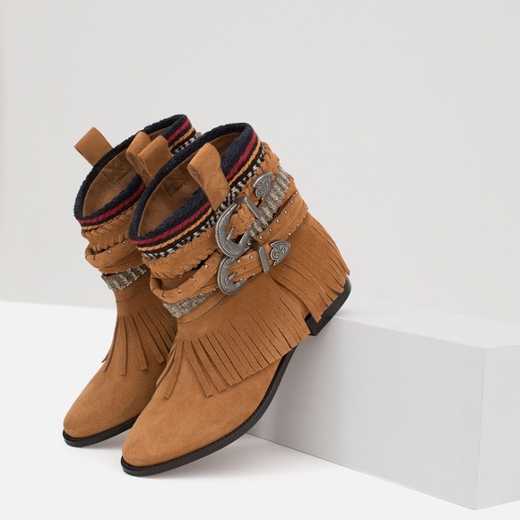 Zara Fringe Flat Ethnic Ankle Boots - Picture 2 of 3