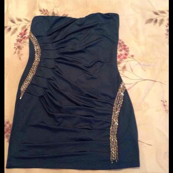 Dark teal strapless dress