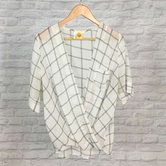 Available Tops - Windowpane Chiffon Faux Wrap Blouse