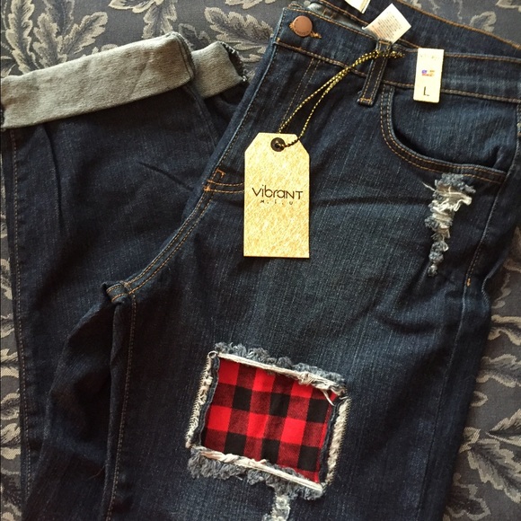 NWT Navy Denim Plaid Patch Jeans - Picture 2 of 3