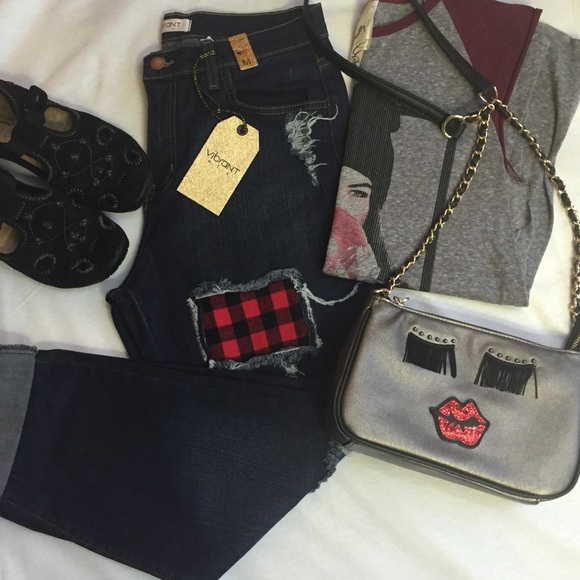 NWT Navy Denim Plaid Patch Jeans - Picture 3 of 3