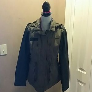 Faux leather sleeved dark green jacket