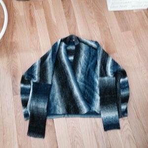 Charcoal, white, and blue wrap sweater