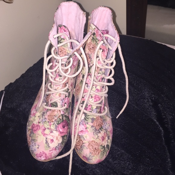 Pink Floral Combat Boots