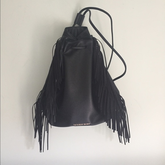 Victoria's Secret Black Leather Bucket Backpack