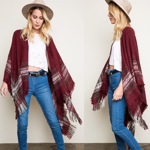 "Autumn Moonlight" Plaid Print Poncho Cardigan - Picture 4 of 4