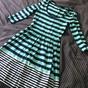 Mint/navy blue striped dress with 3/4 sleeves