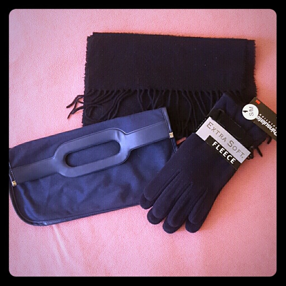 Navy blue set. revlon clutch, gloves and a scarf