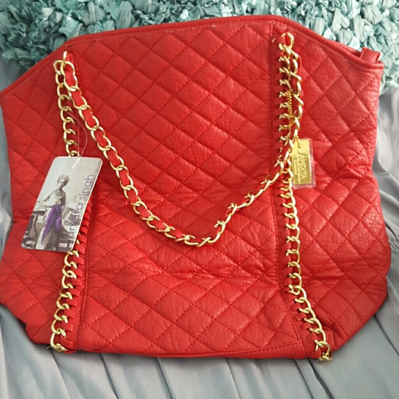 NEW Amrita Singh large red tote with gold chains - Picture 1 of 4
