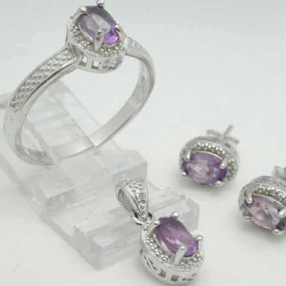 Amethyst Diamond Ring Earrings and Pendant Set Platinum over Sterling Silver