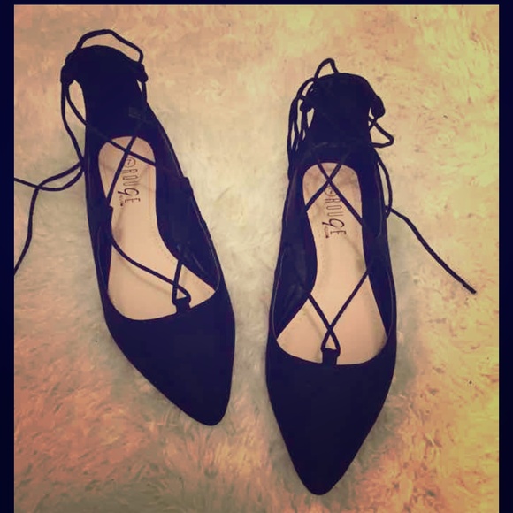 ZARA Style Black Lace Up Strappy Ballet Flats NIB