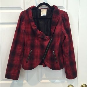Hinge Round Neck Plaid Biker Jacket