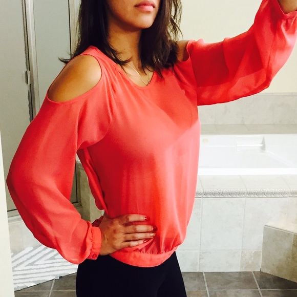 Open back coral see-through blouse
