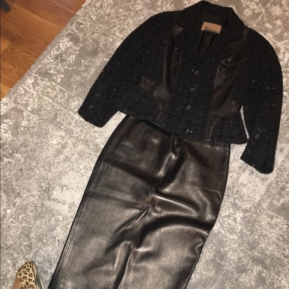 Sleek leather and wool tweed pencil skirt suit