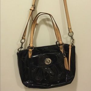 Tan and black patent leather Coach crossbody bag
