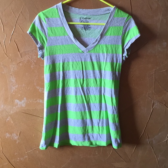 Lime green and Gray striped V-neck