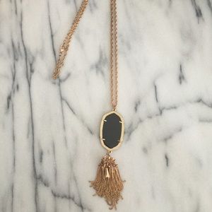 Designer inspired tassel necklace w/ black stone.