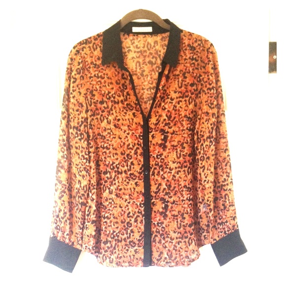 Leopard Print Sheer Blouse with Black Trim