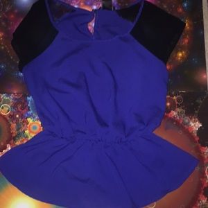 Blue Blouse with Black Short Sleeves